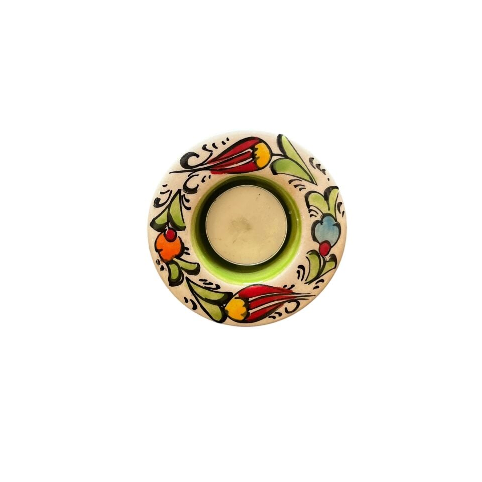 Lale Desenli El Yapımı Seramik Mumluk (Yeşil)